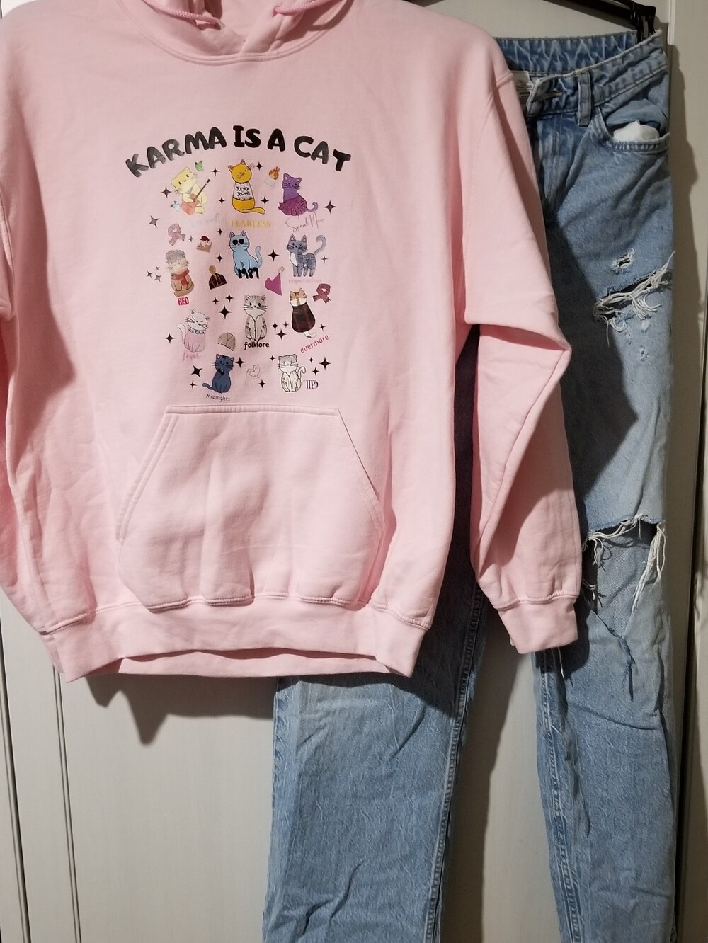 Taylor Swift Reference Karma Is A Cat Pink Graphic Hoodie & Size 6 &Denim Jeans